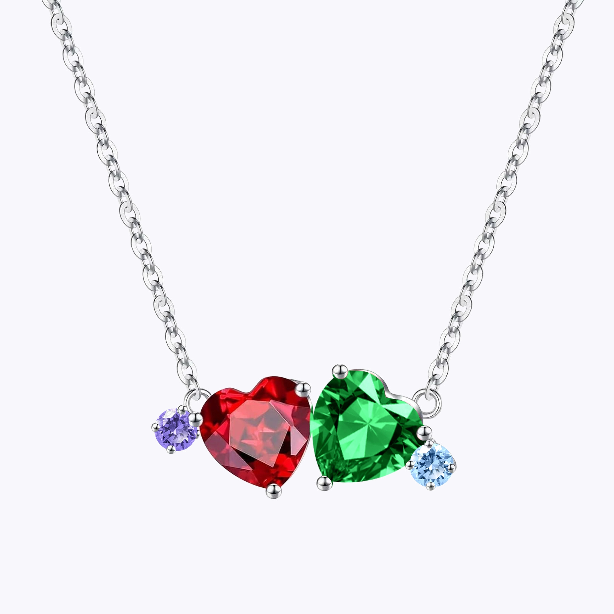 Custom Double Heart Birthstone with 1-5 Round Birthstone Necklace