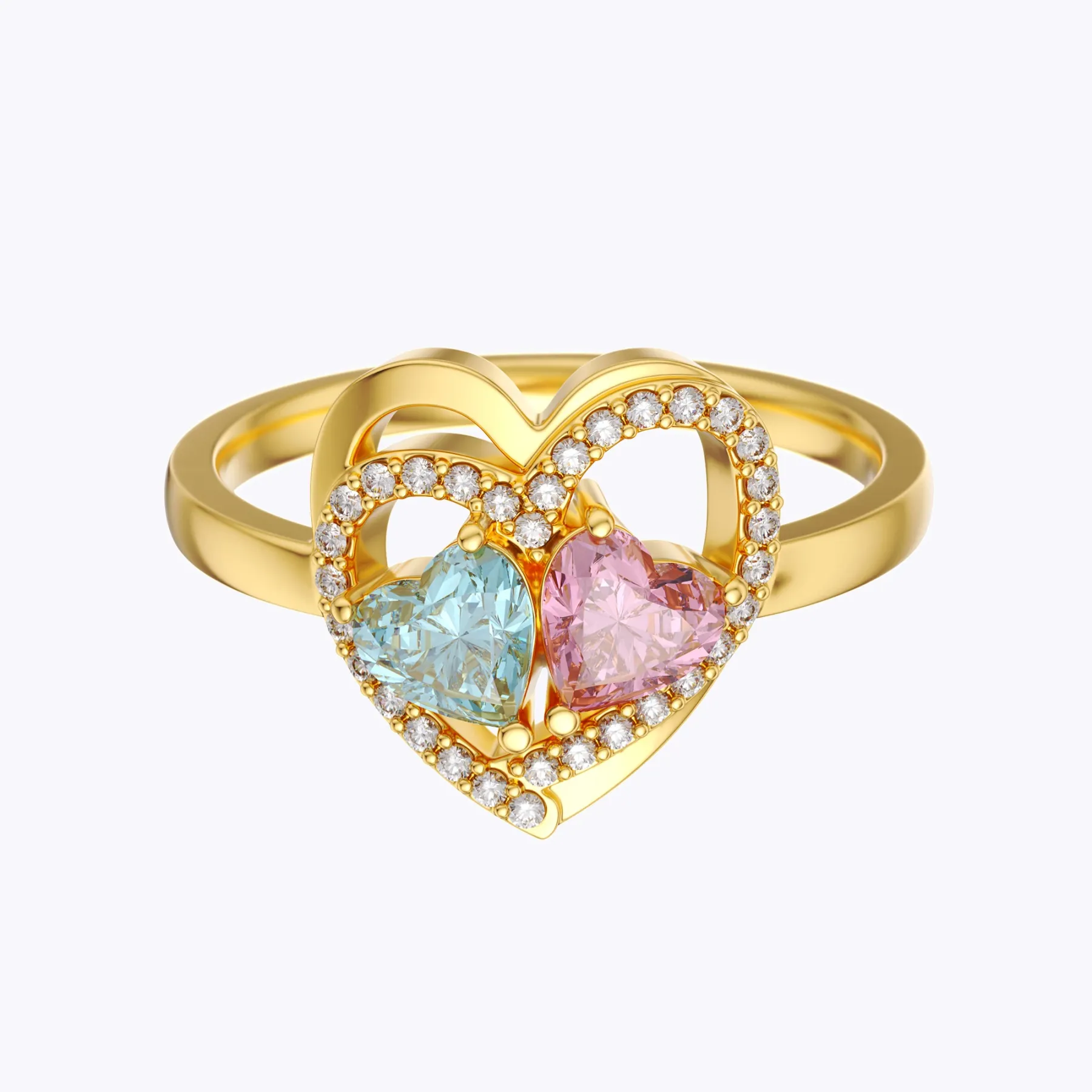 Custom Pavé Heart Shape with Double Heart Birthstone Ring