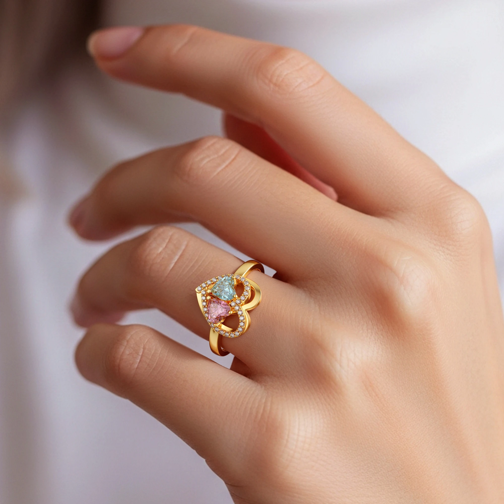 Custom Pavé Heart Shape with Double Heart Birthstone Ring