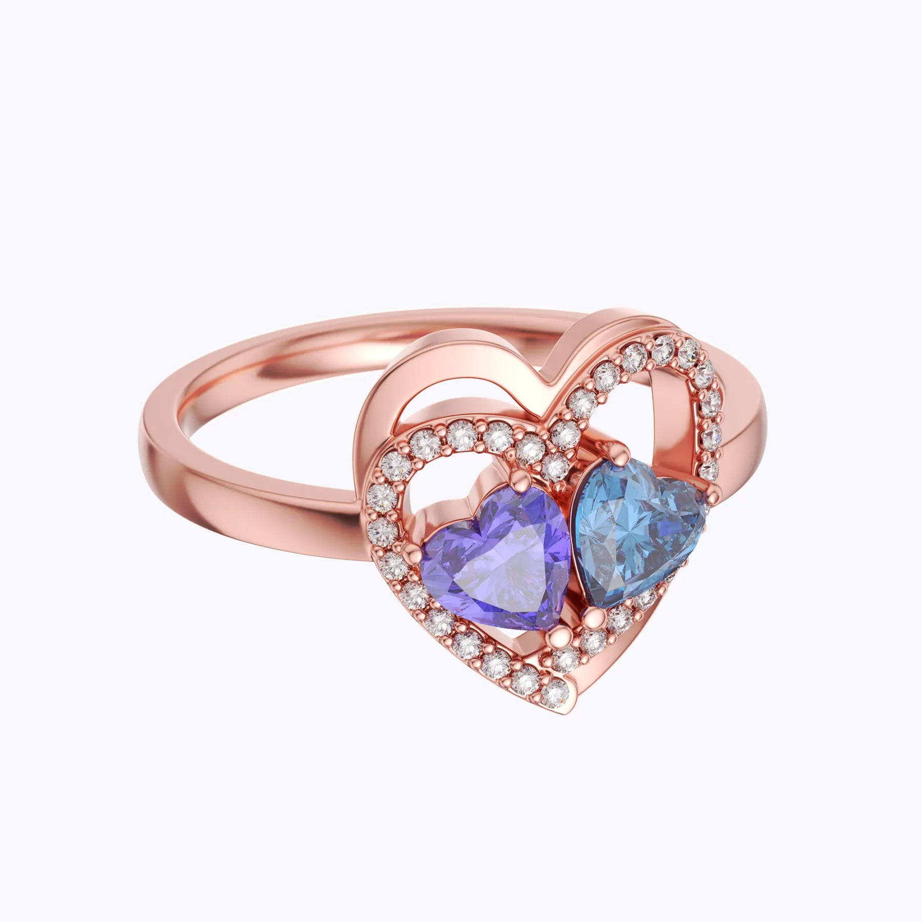 Custom Pavé Heart Shape with Double Heart Birthstone Ring