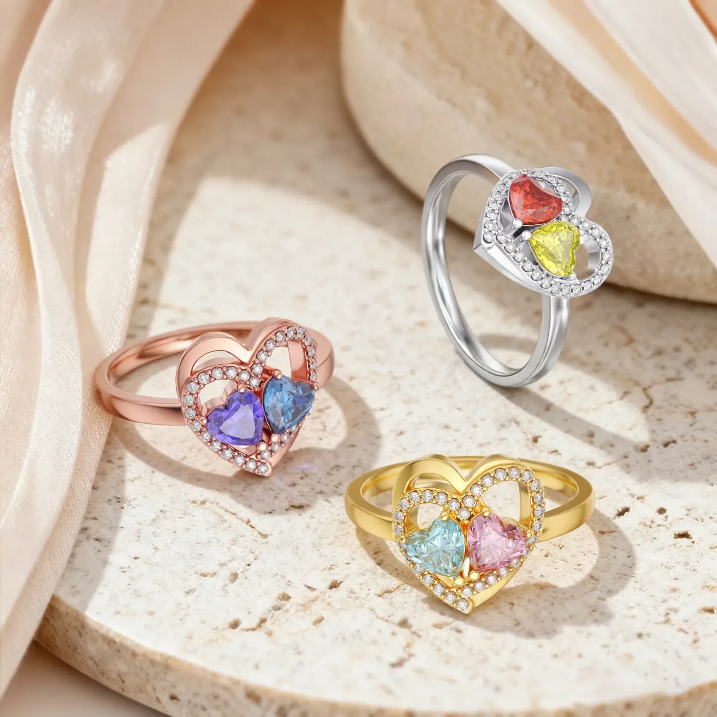 Custom Pavé Heart Shape with Double Heart Birthstone Ring
