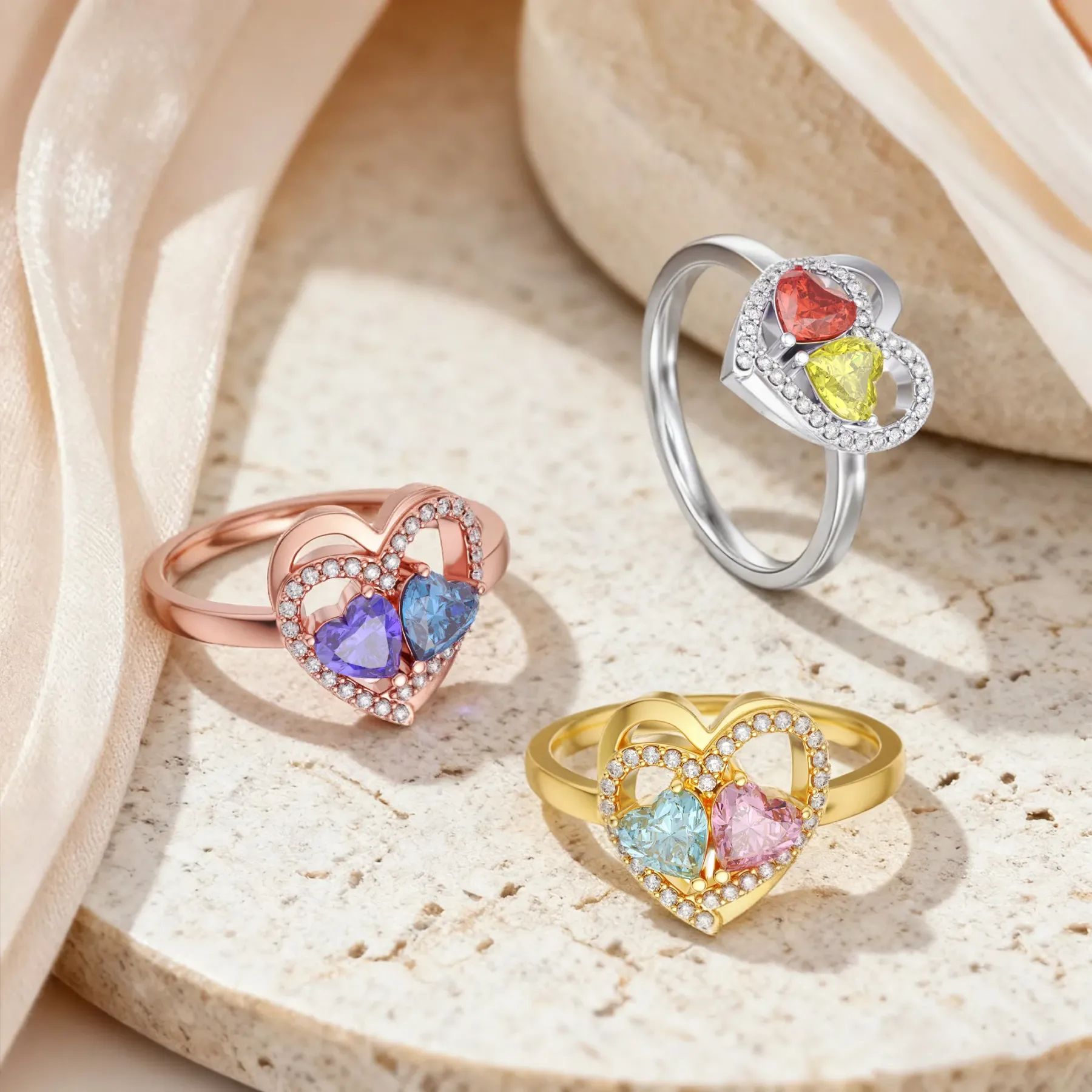Custom Pavé Heart Shape with Double Heart Birthstone Ring