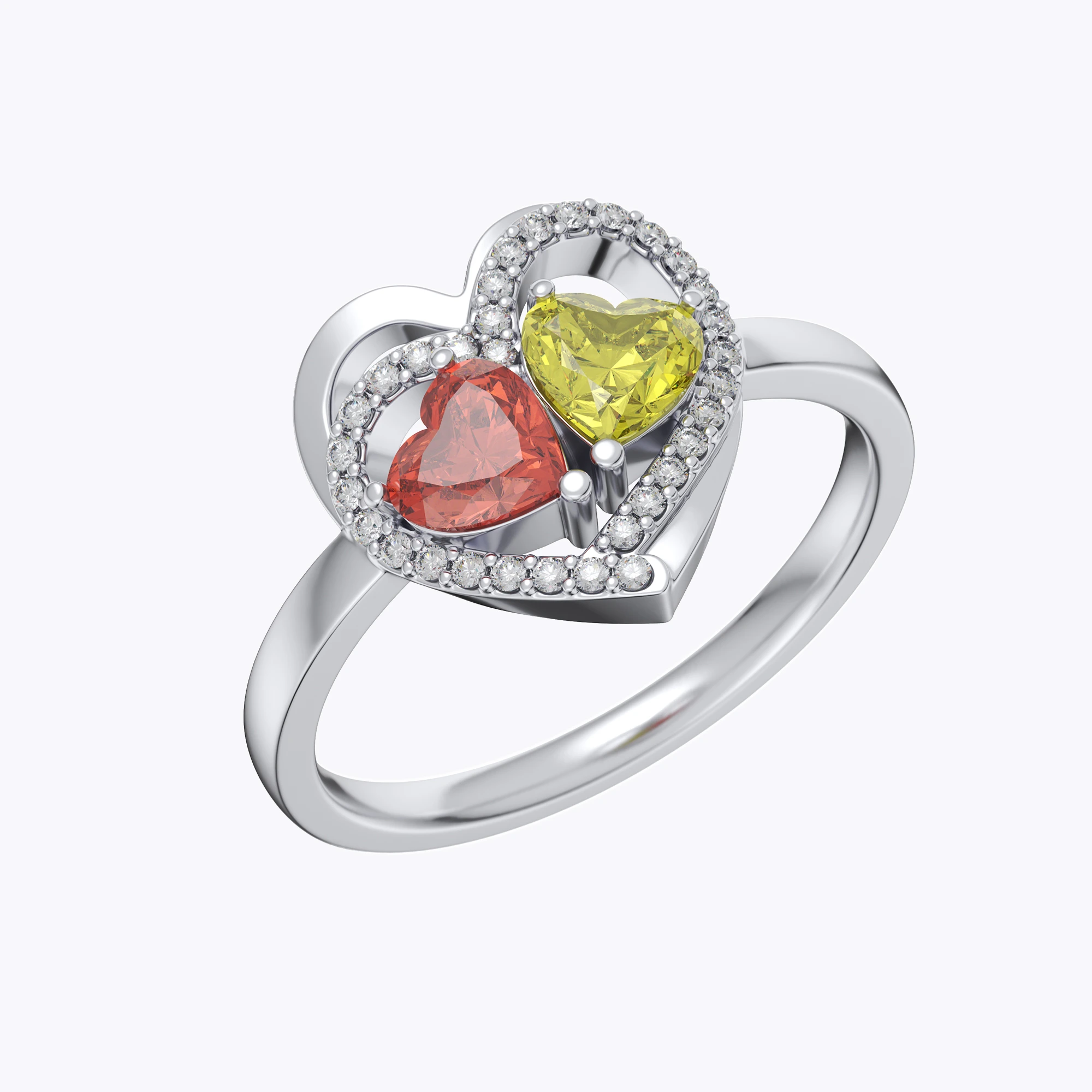 Custom Pavé Heart Shape with Double Heart Birthstone Ring