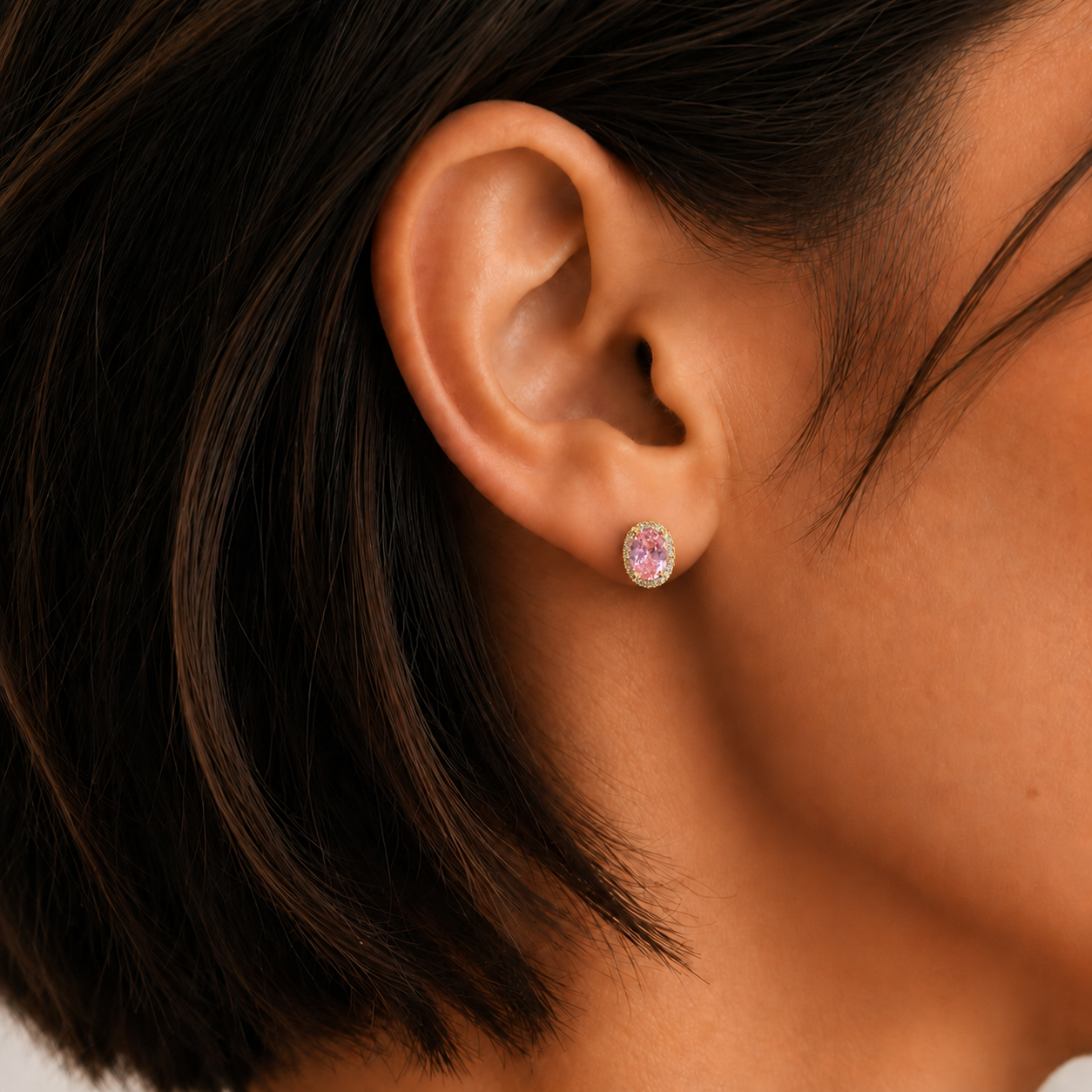 Oval Pink Zircon & Diamond Stud Earrings