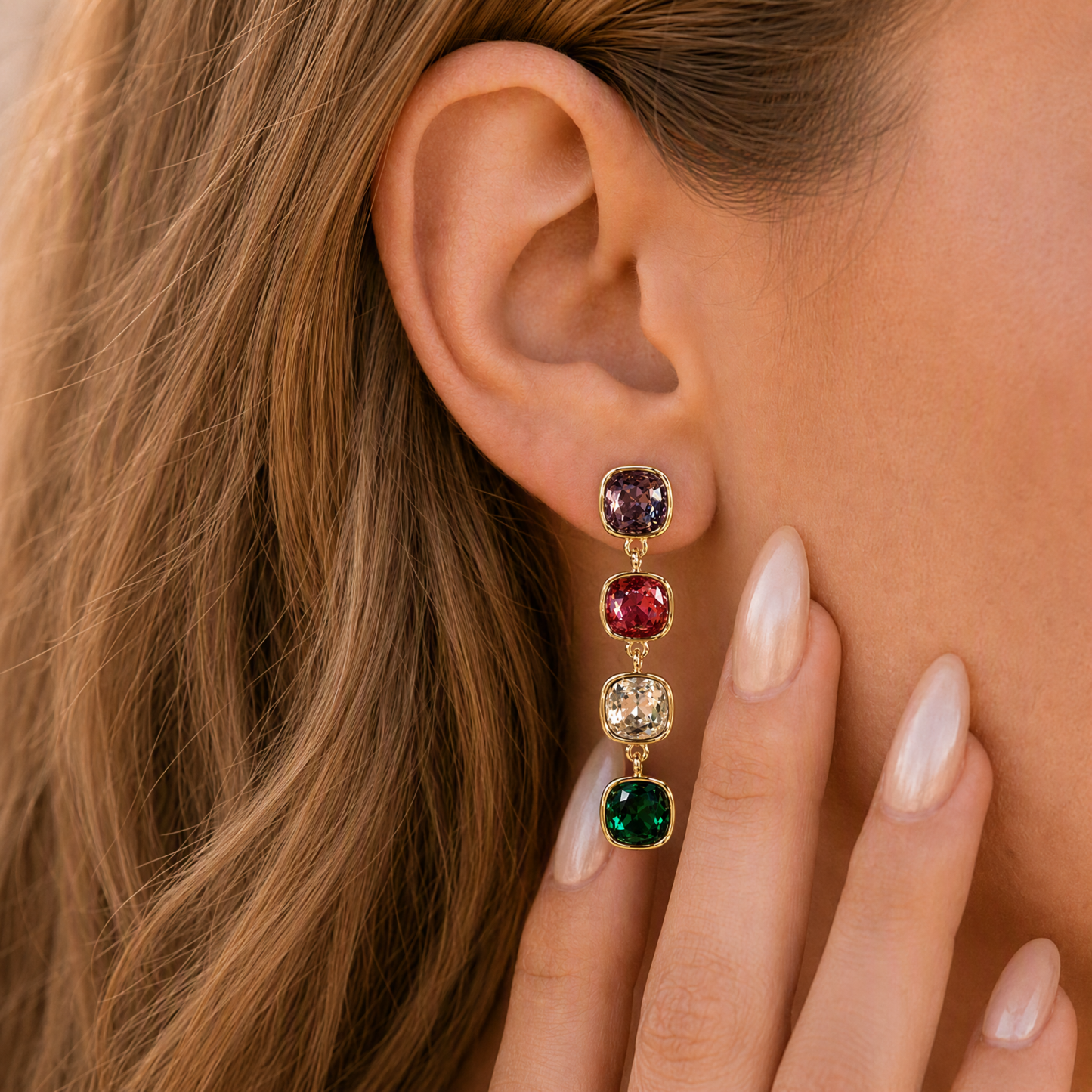 Four-color square cubic zirconia drop earrings