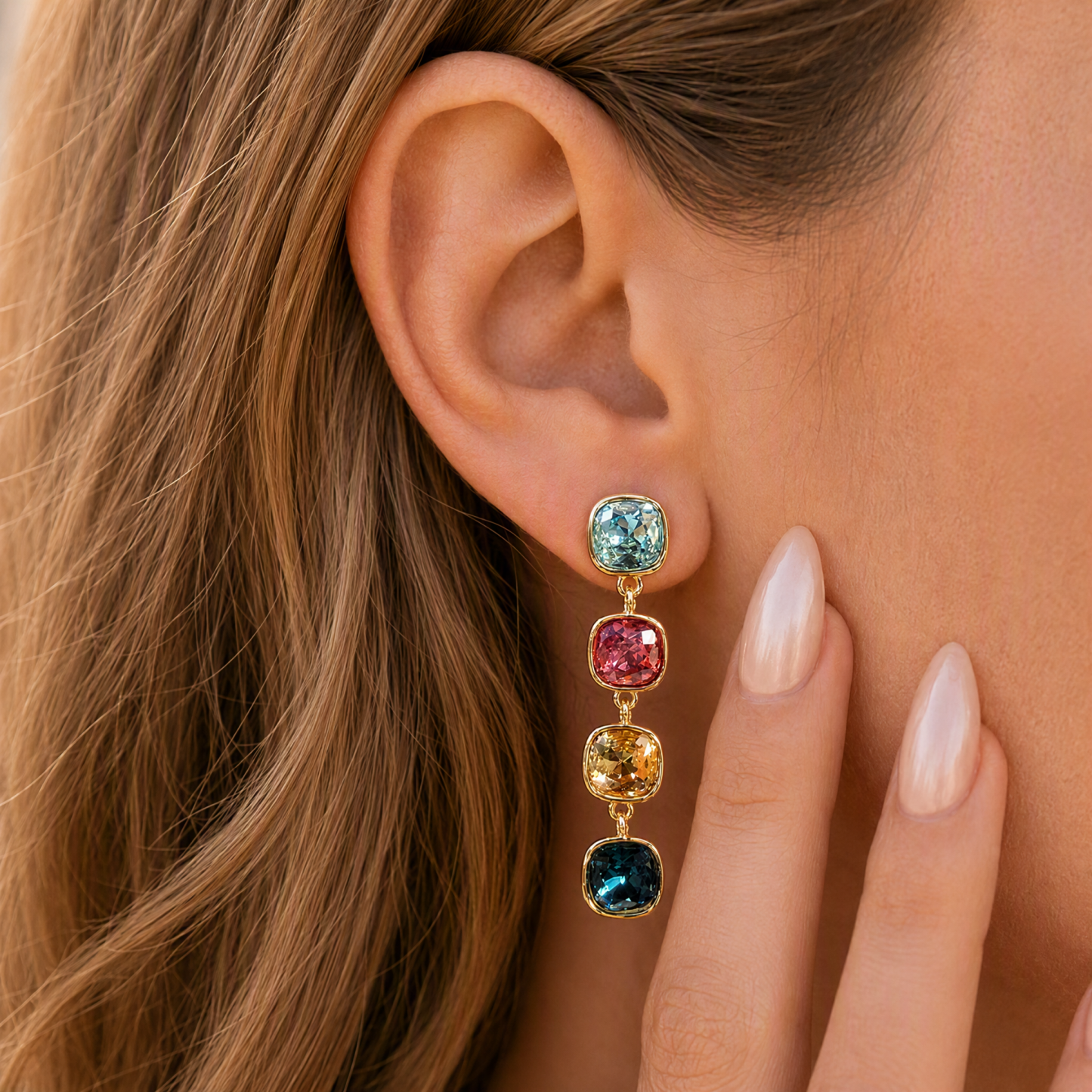 Four-color square cubic zirconia drop earrings