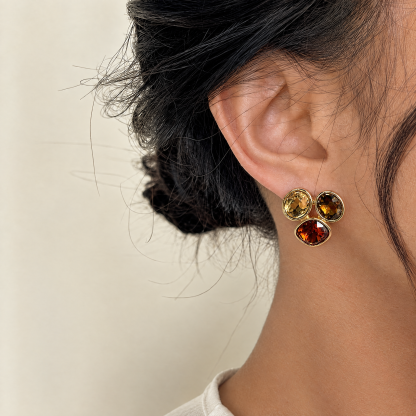 Three-Stone Square & Round Yellow Zirconia Stud Earrings