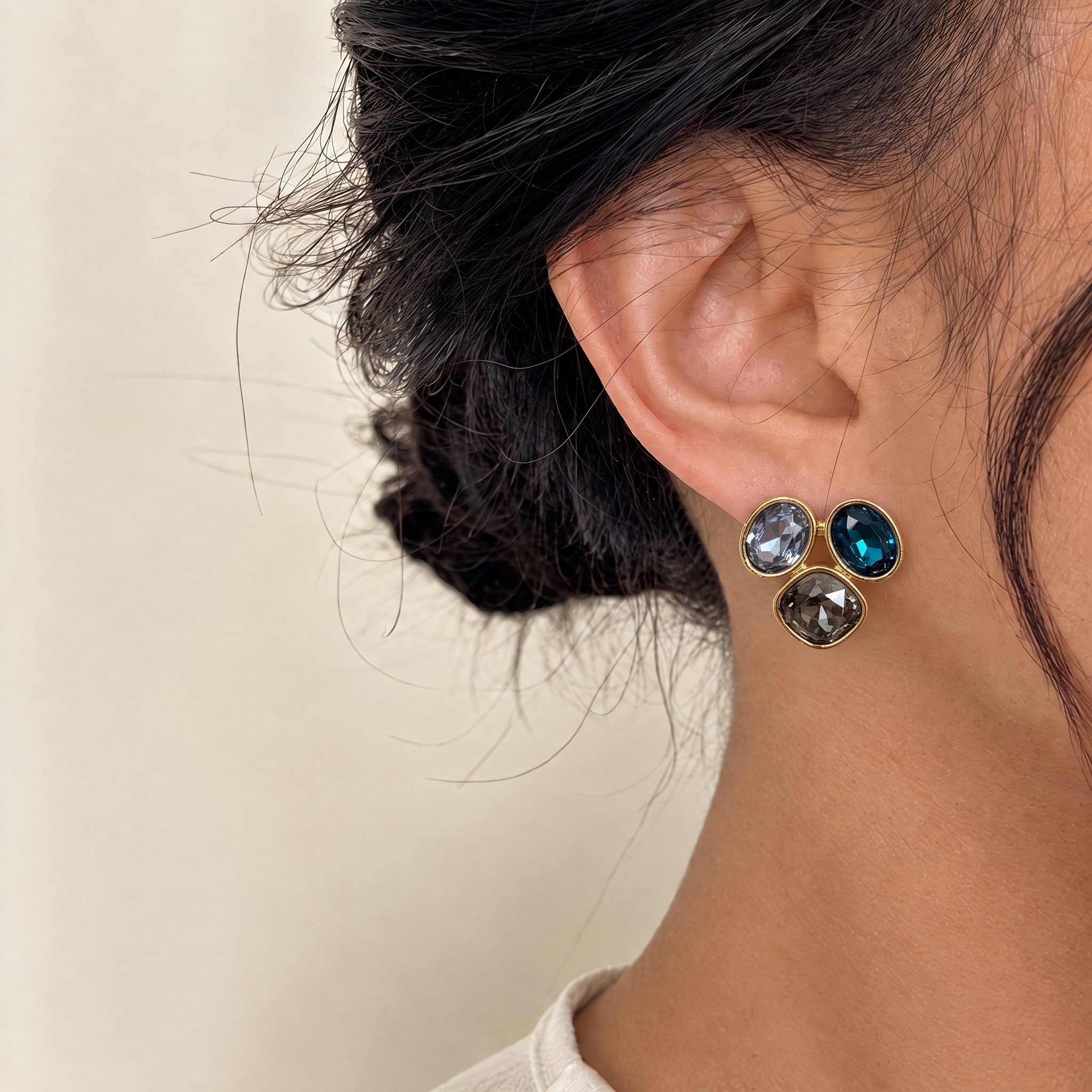 Three-Stone Square & Round Yellow Zirconia Stud Earrings