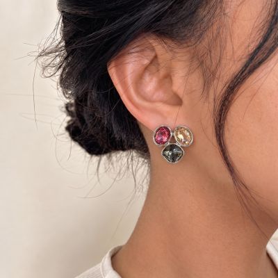 Three-Stone Square & Round Yellow Zirconia Stud Earrings