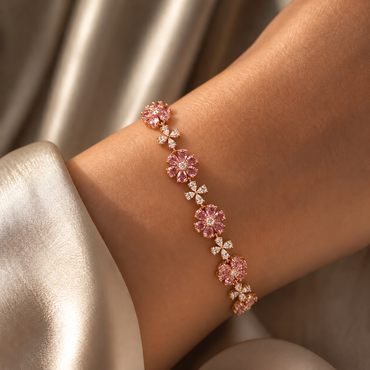 Pink Flower and Zircon Bracelet
