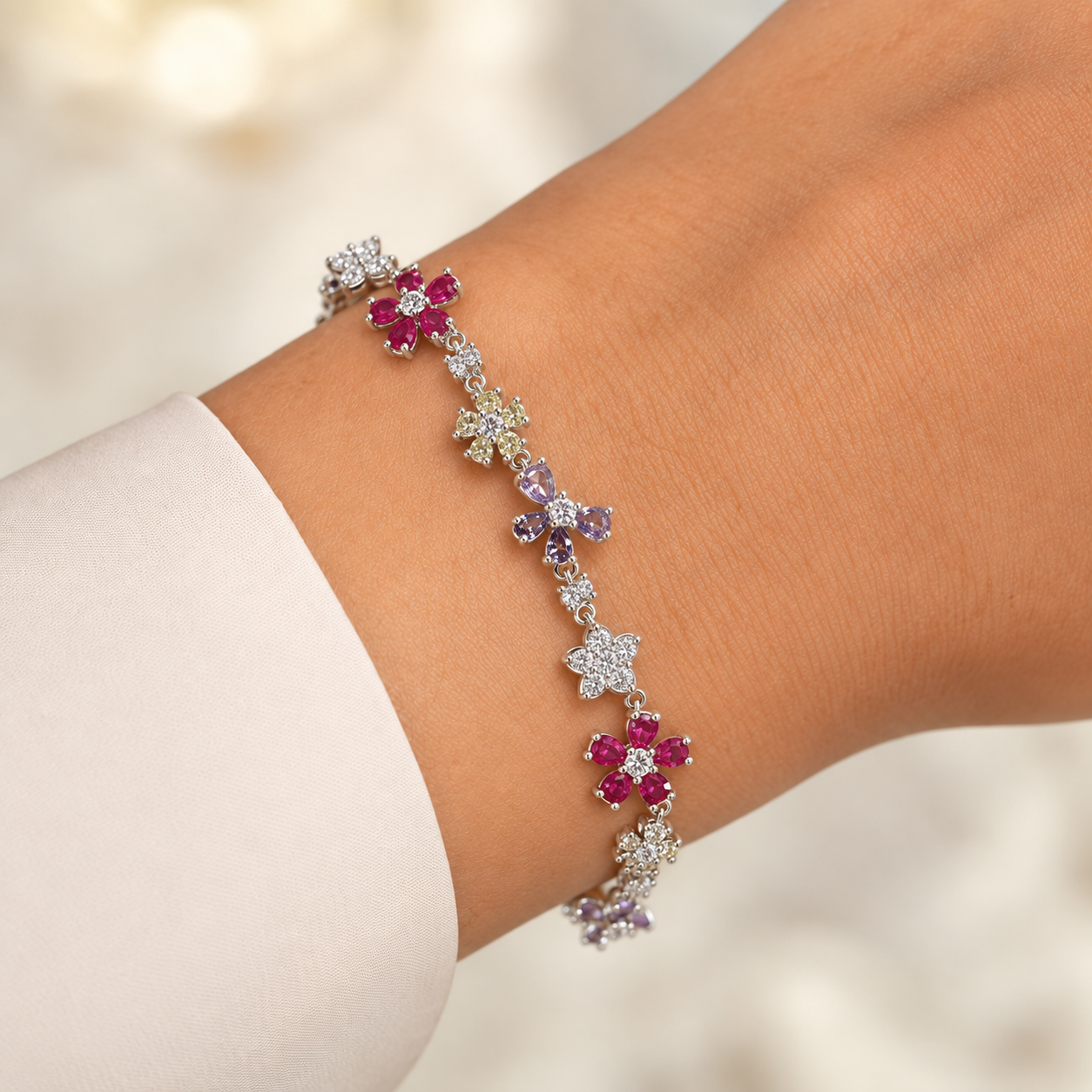 Multi-element floral bracelet with colorful cubic zirconia