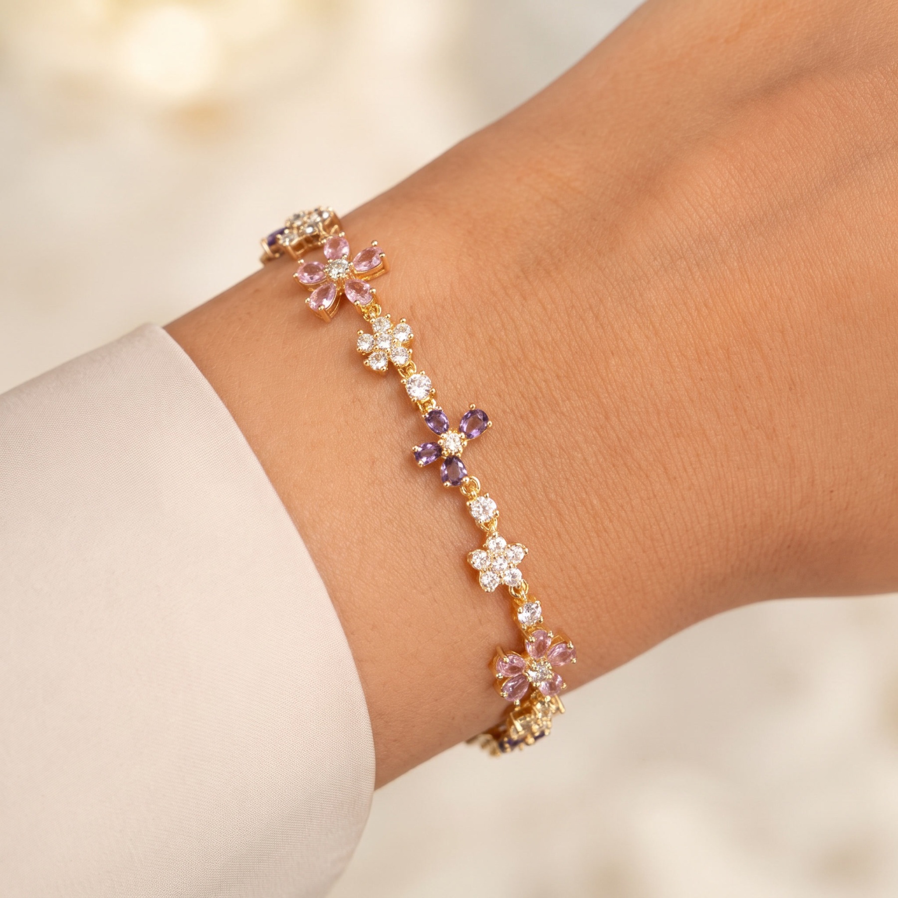 Multi-element floral bracelet with colorful cubic zirconia