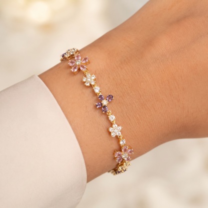 Multi-element floral bracelet with colorful cubic zirconia