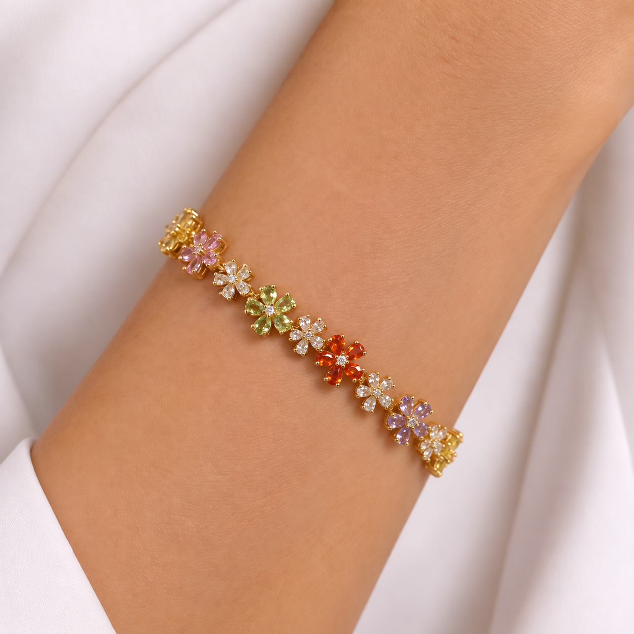 Multicolored Cubic Zirconia Flower Bracelet