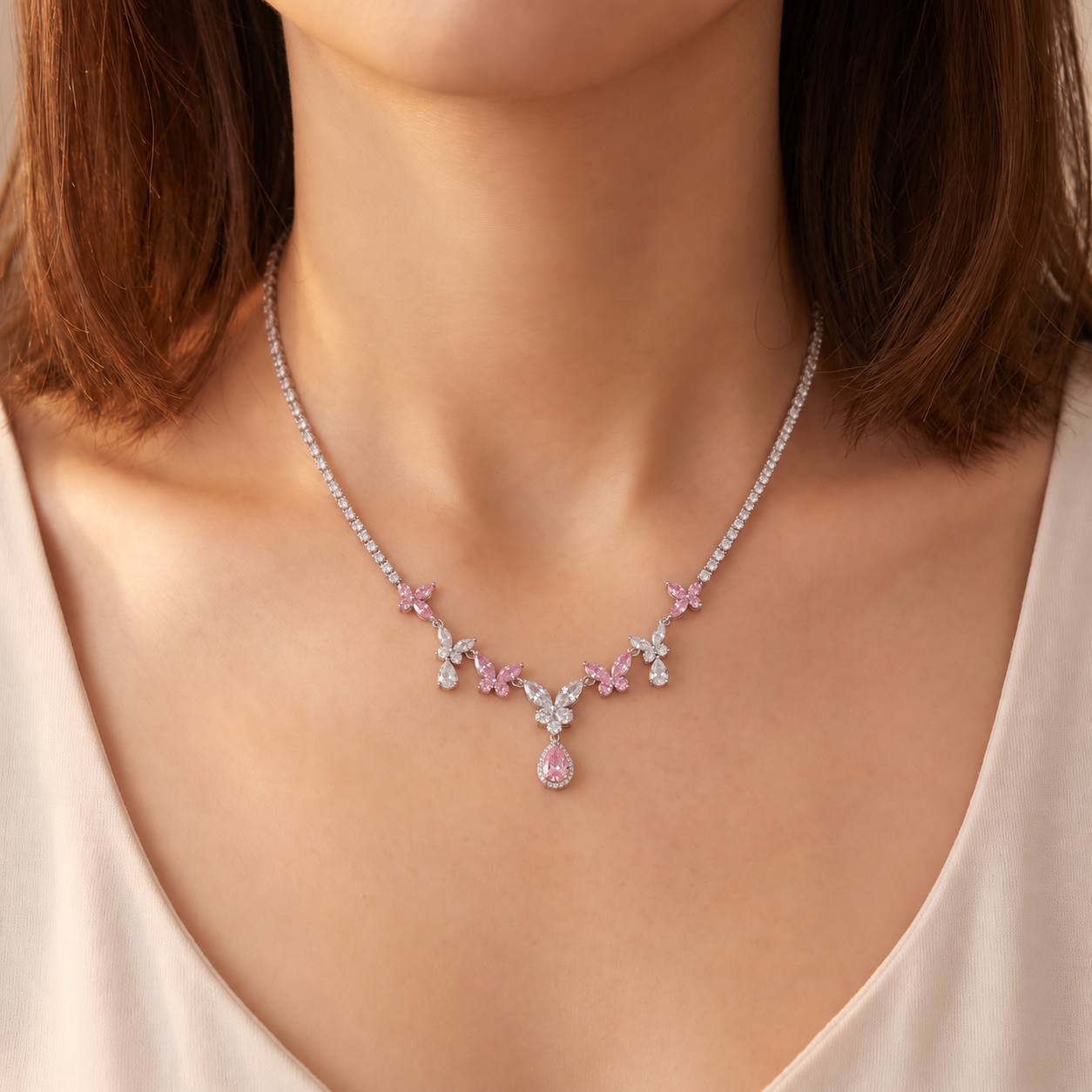 Pink Butterfly and Teardrop Necklace