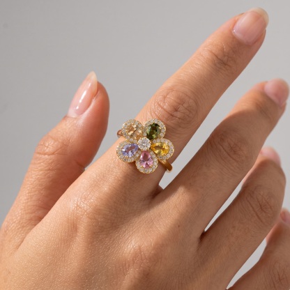 Open-style ring with multi-colored cubic zirconia flower