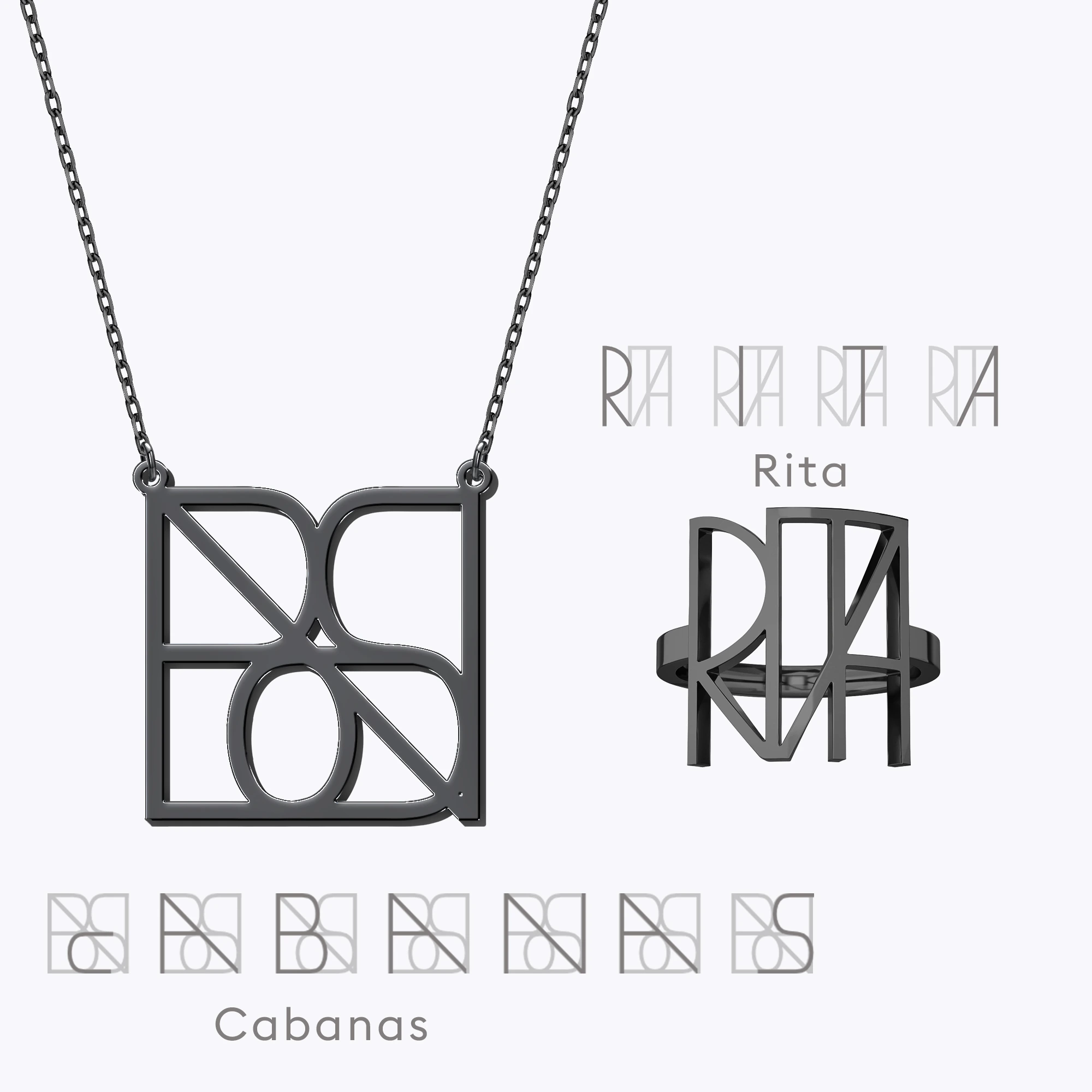 Geo Code Custom Name Logo Monogram Necklace and Ring Set