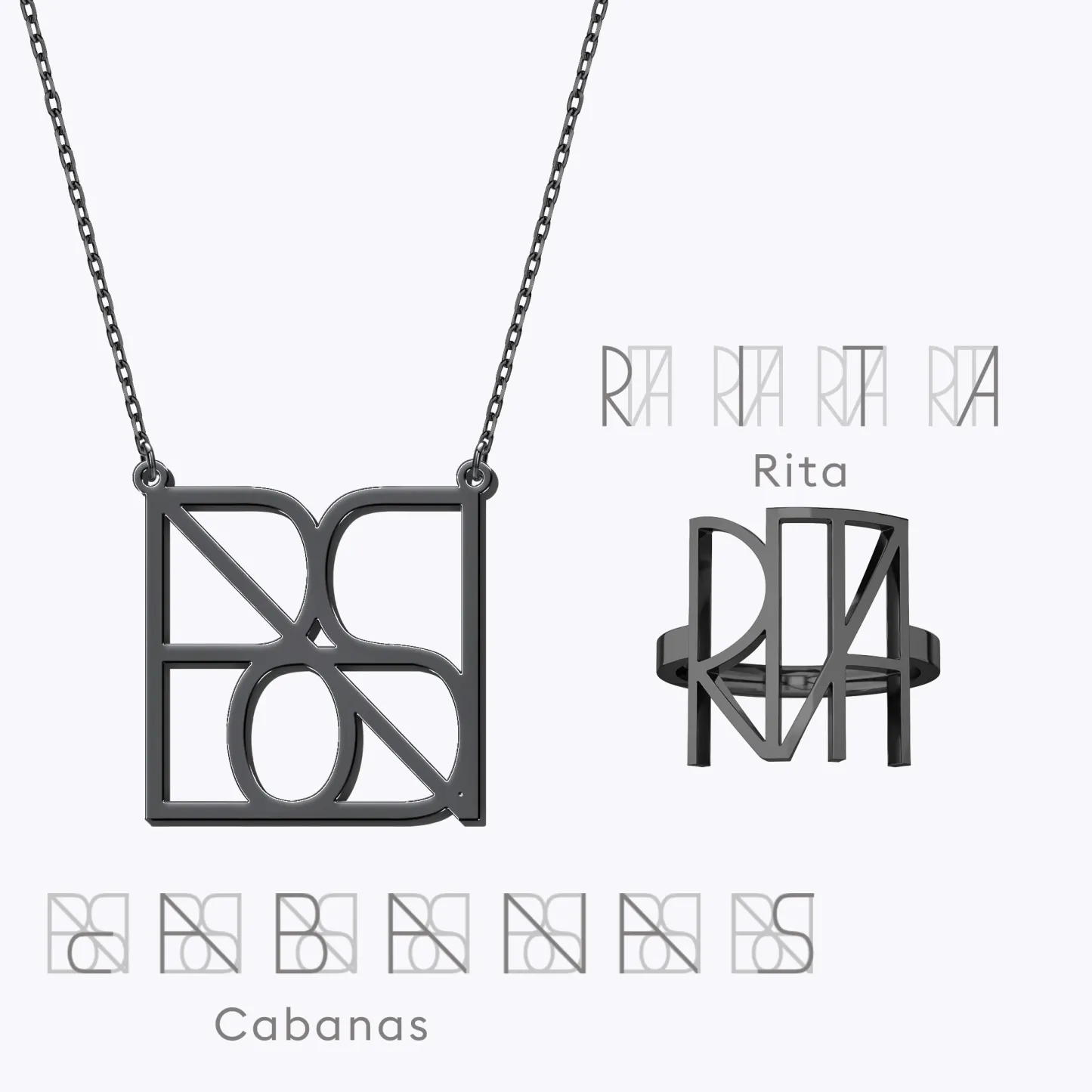 Geo Code Custom Name Logo Monogram Necklace and Ring Set