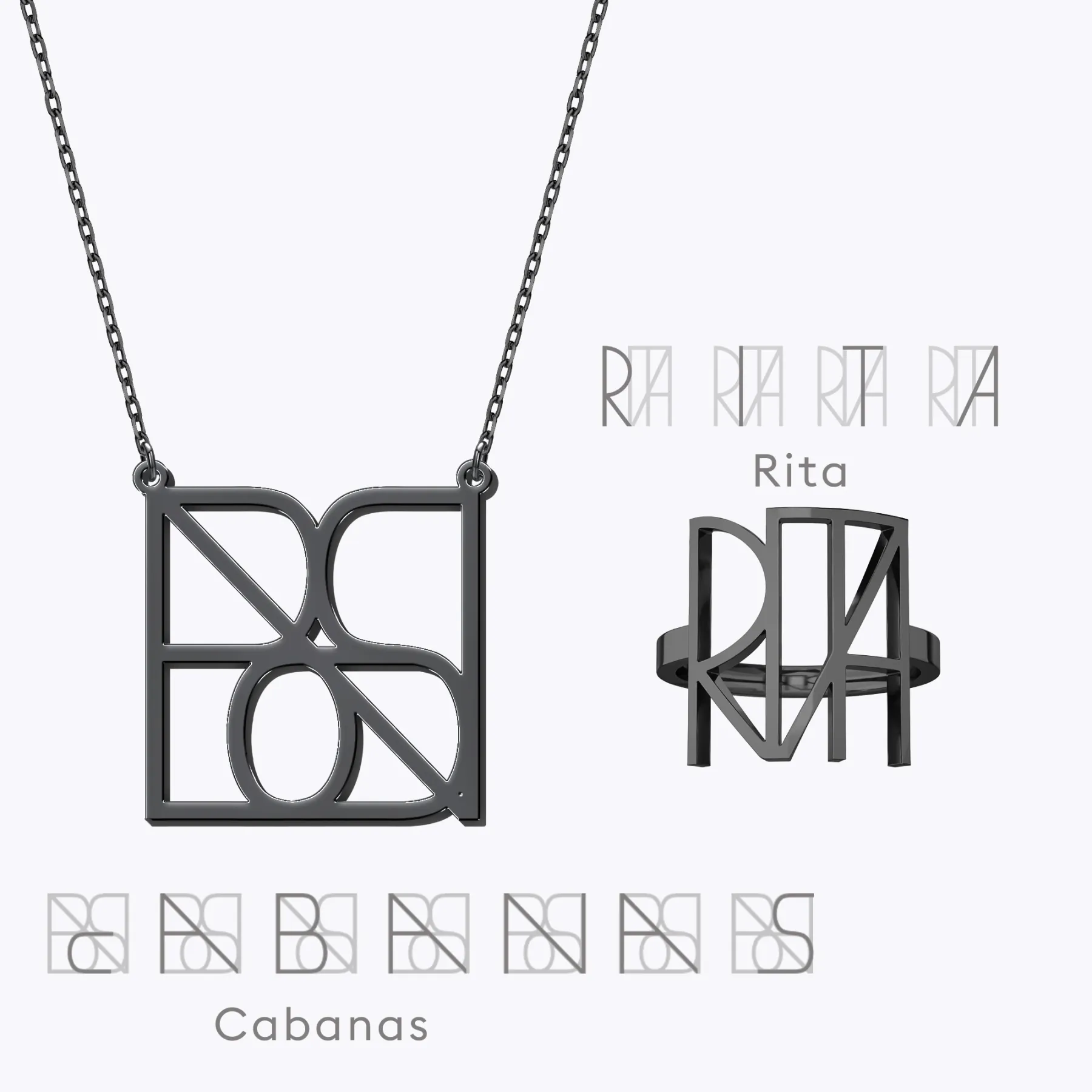 Geo Code Custom Name Logo Monogram Necklace and Ring Set