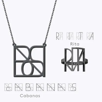 Geo Code Custom Name Logo Monogram Necklace and Ring Set