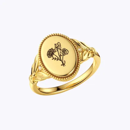 Custom 1-5 Birth Flower Ring with Side Ronud Birthstone