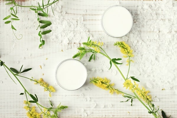 Body care cream in sample jars, sea salt, green herb. Top view, white spa set background.