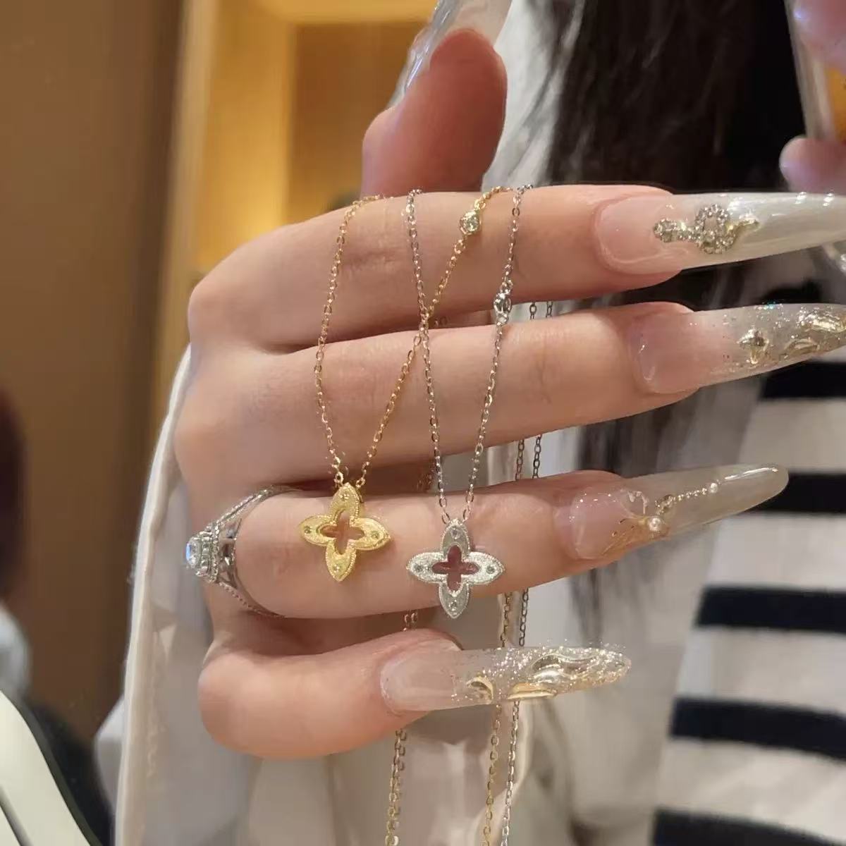 Hollow - out Diamond - studded Sakura Necklace