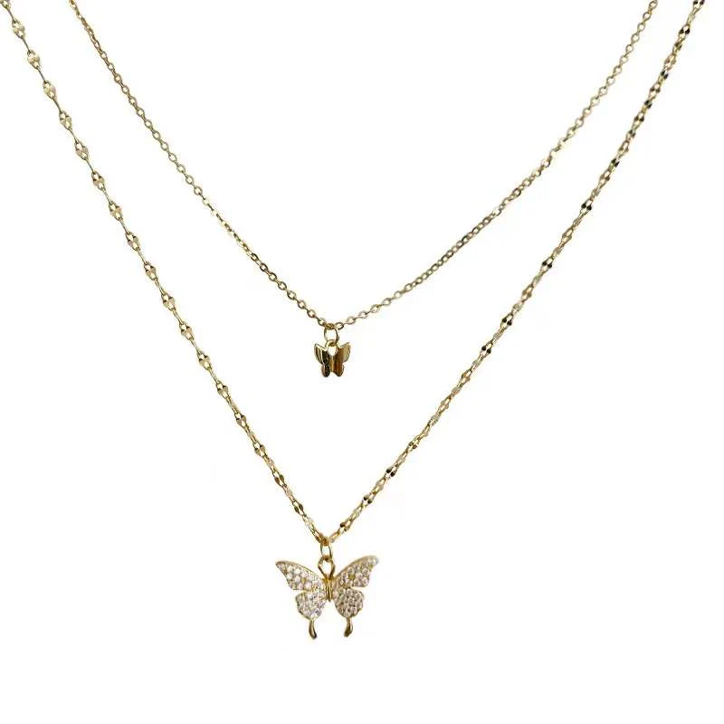 s925 Double Butterfly Pendant Stacked Necklace