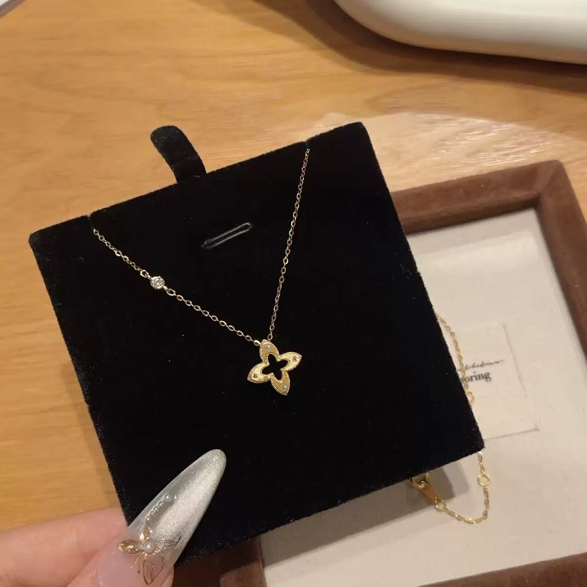 Hollow - out Diamond - studded Sakura Necklace