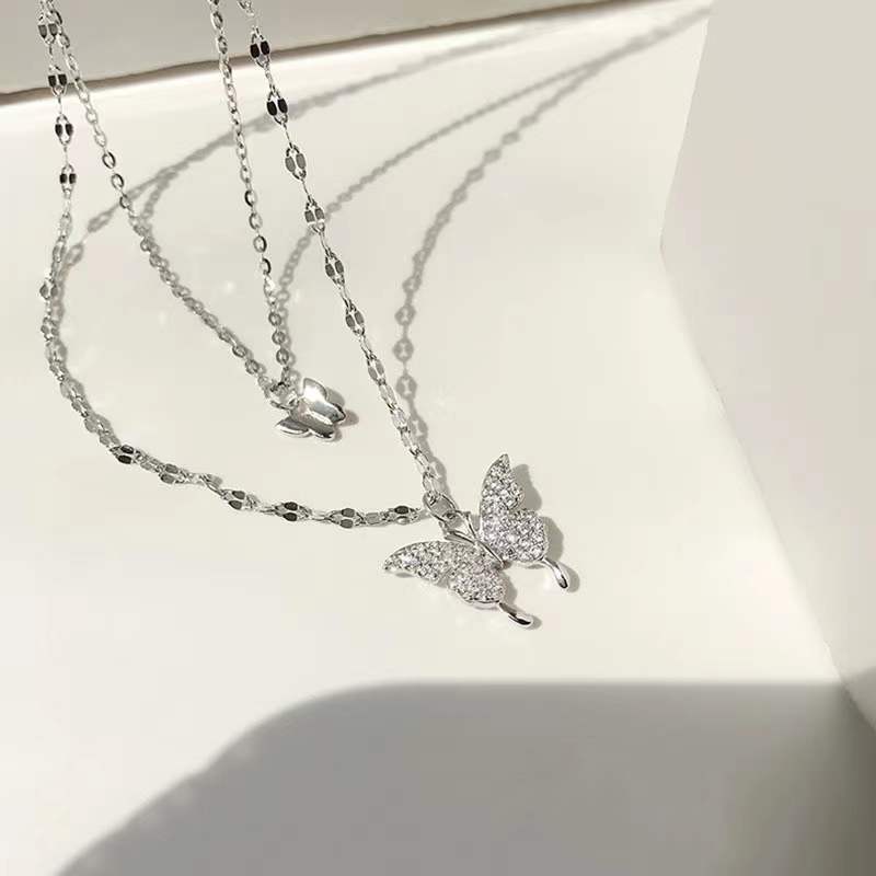 s925 Double Butterfly Pendant Stacked Necklace