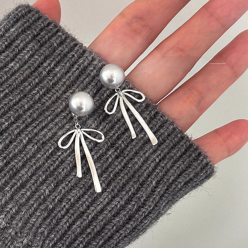 925 silver faux grey pearl bow stud earrings