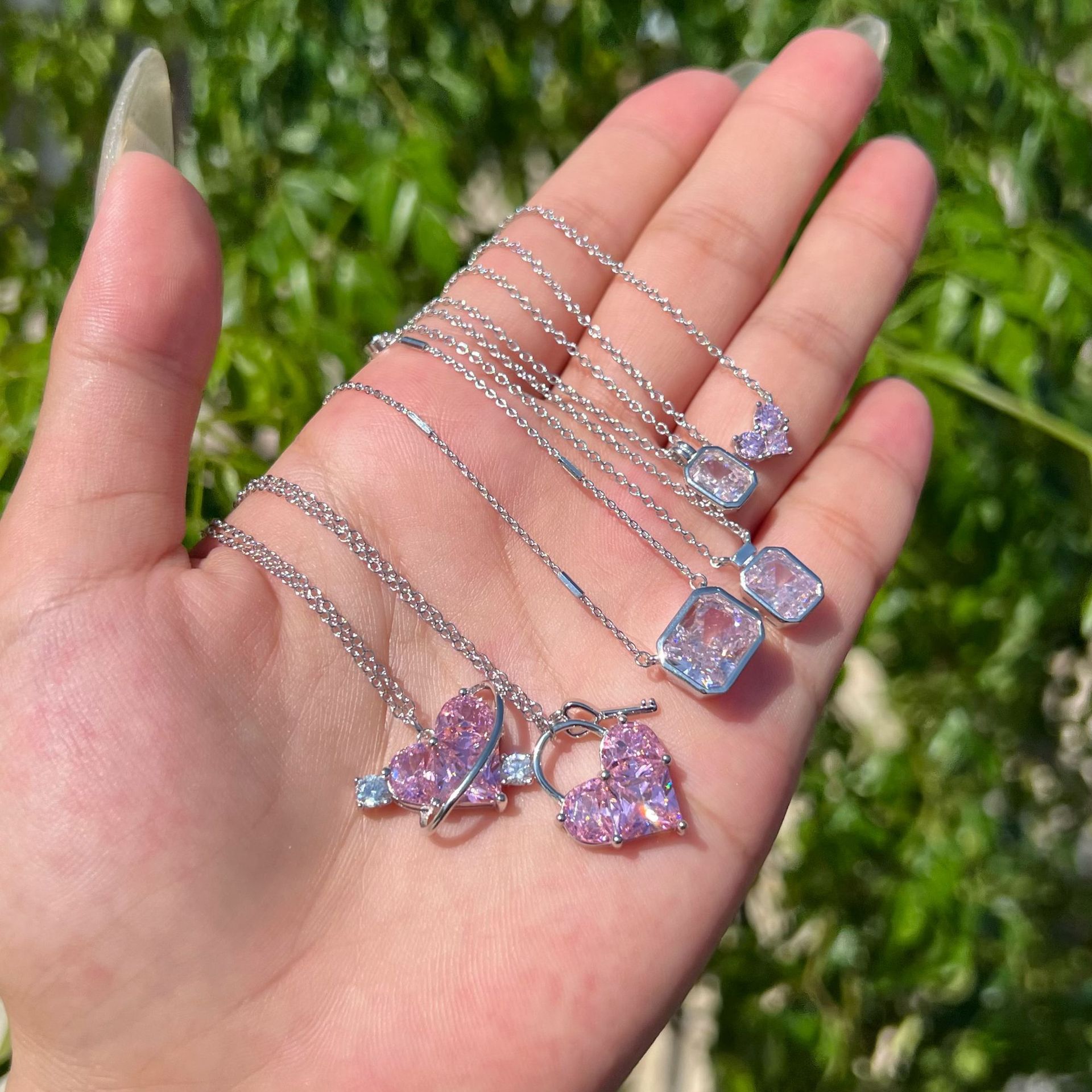 925Silver Sparkling Forest-Style Pink Heart Necklace