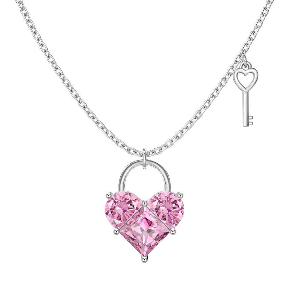925Silver Sparkling Forest-Style Pink Heart Necklace