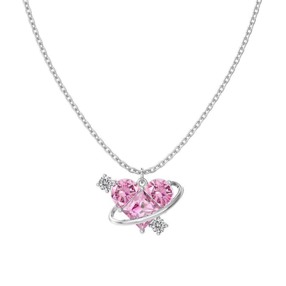 925Silver Sparkling Forest-Style Pink Heart Necklace