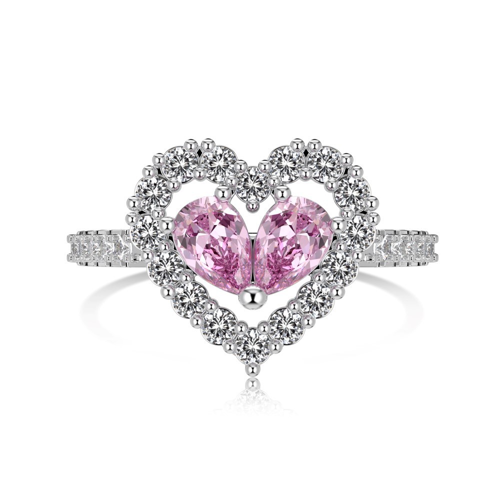 S925 Silver Pink Heart Hollow -Necklace / Ring / Earrings / Set