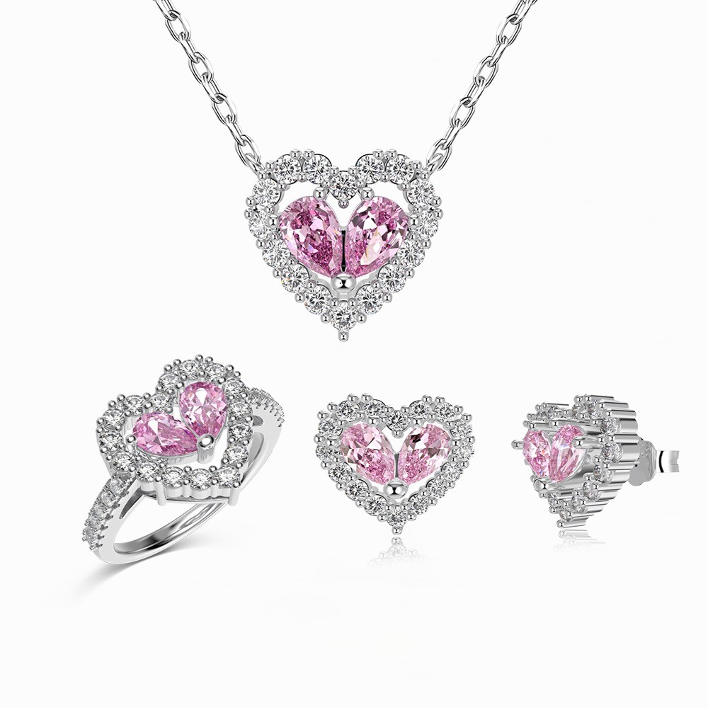 S925 Silver Pink Heart Hollow -Necklace / Ring / Earrings / Set
