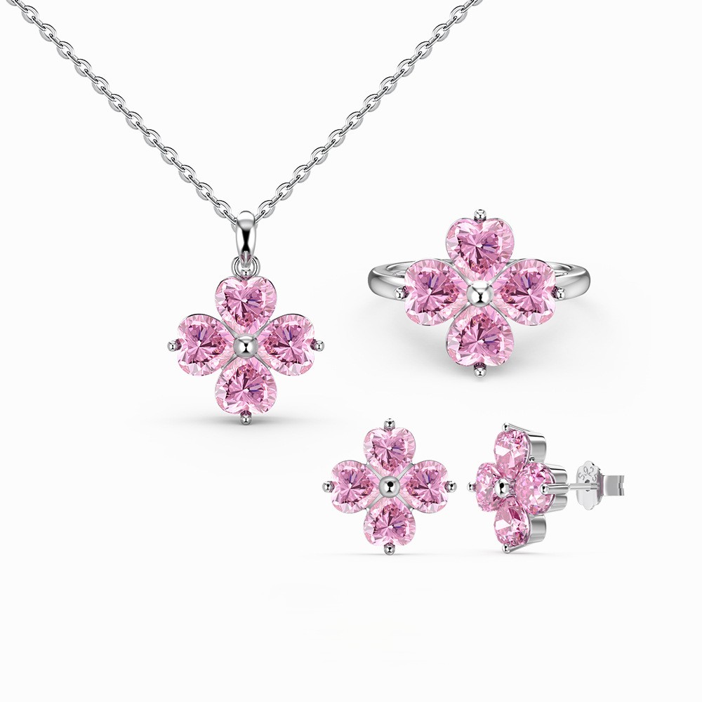 S925 Sterling Silver Sakura Heart -Necklace / Ring / Earrings / Set