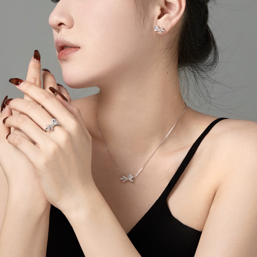 S925 Silver Bowknot & Heart- Necklace / Ring / Earrings / Set
