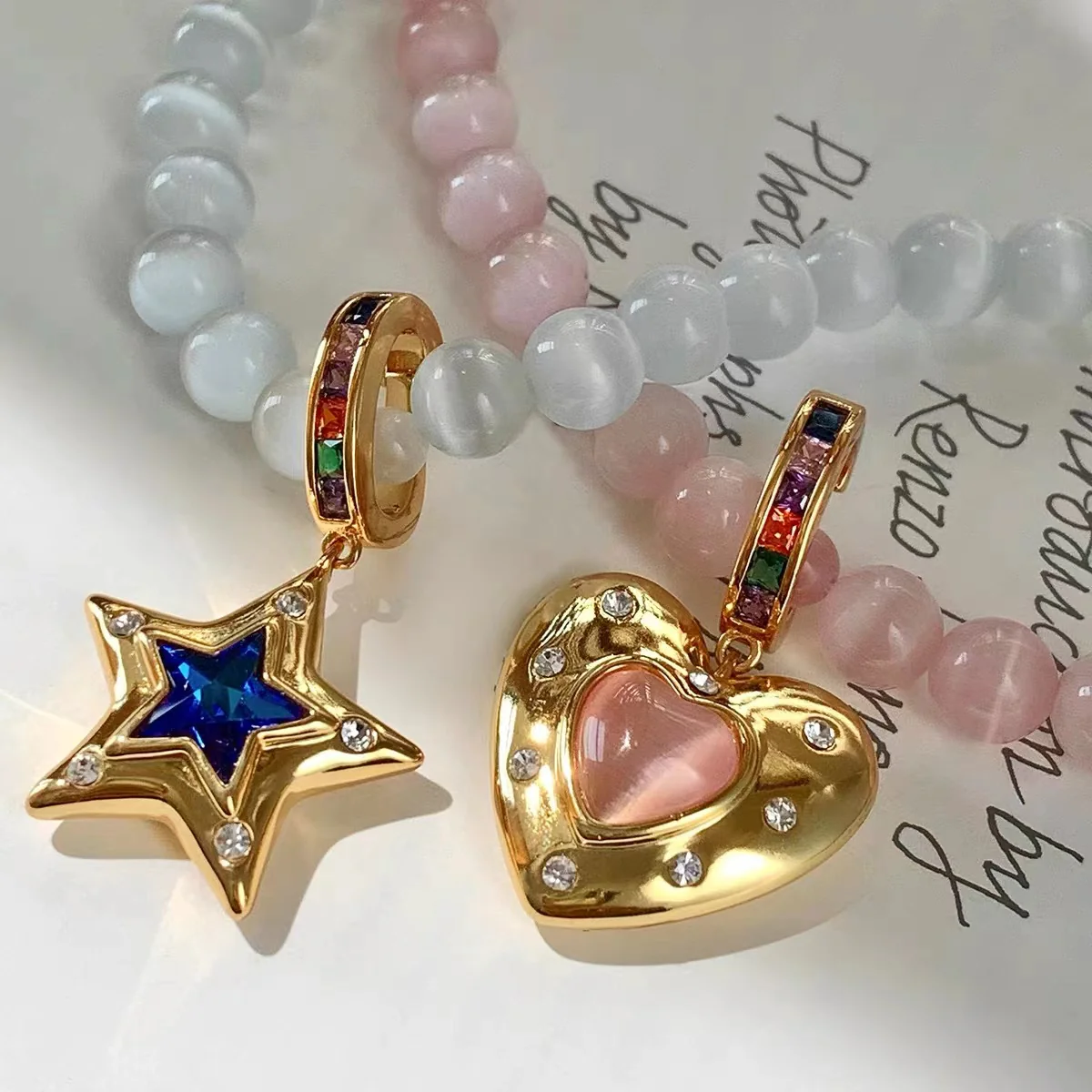 Opal heart pentagram gemstone necklace