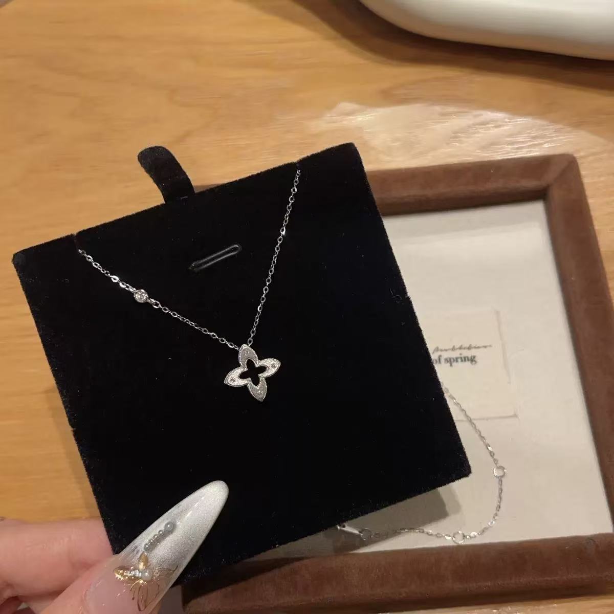 Hollow - out Diamond - studded Sakura Necklace