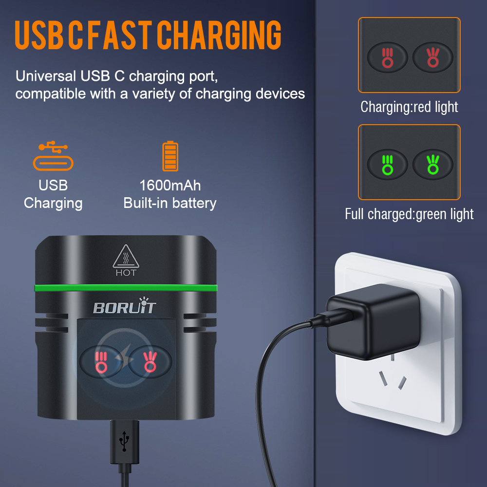 BORUiT L5 8-LED High-Brightness Bike Front Light Type-C IP67 Waterproof Bicycle Light