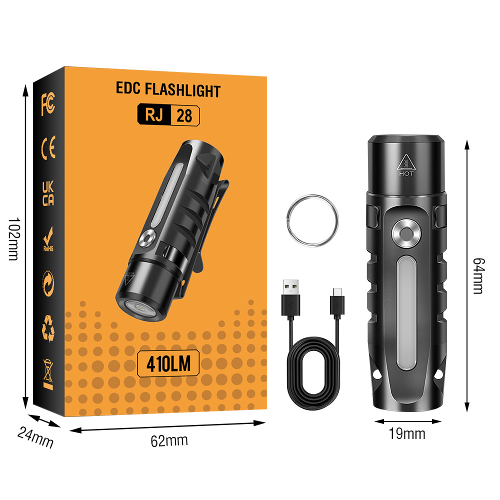 RJ28 Mini LED Flashlight with Multicolor Side Light, 410LM Brightness IP66 Waterproof