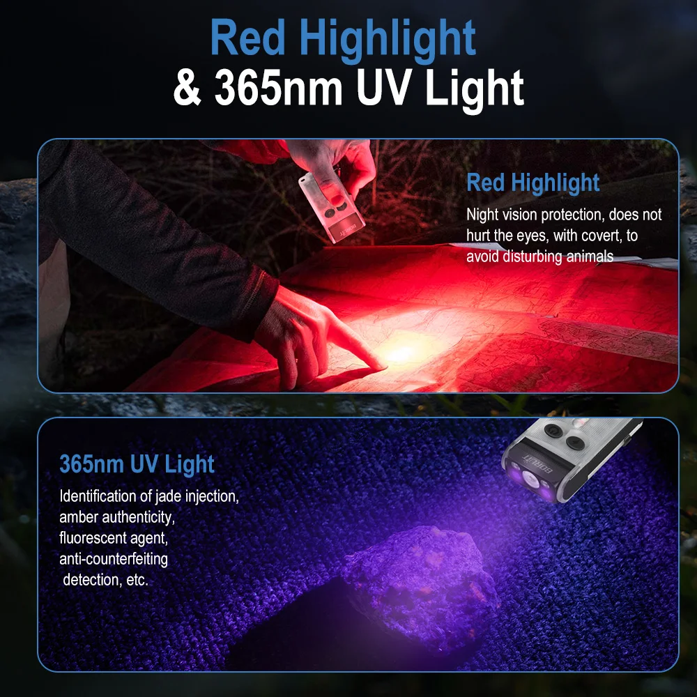 BORUiT V30 EDC LED UV Flashlight Type-C Rechargeable Power Bank Work Light