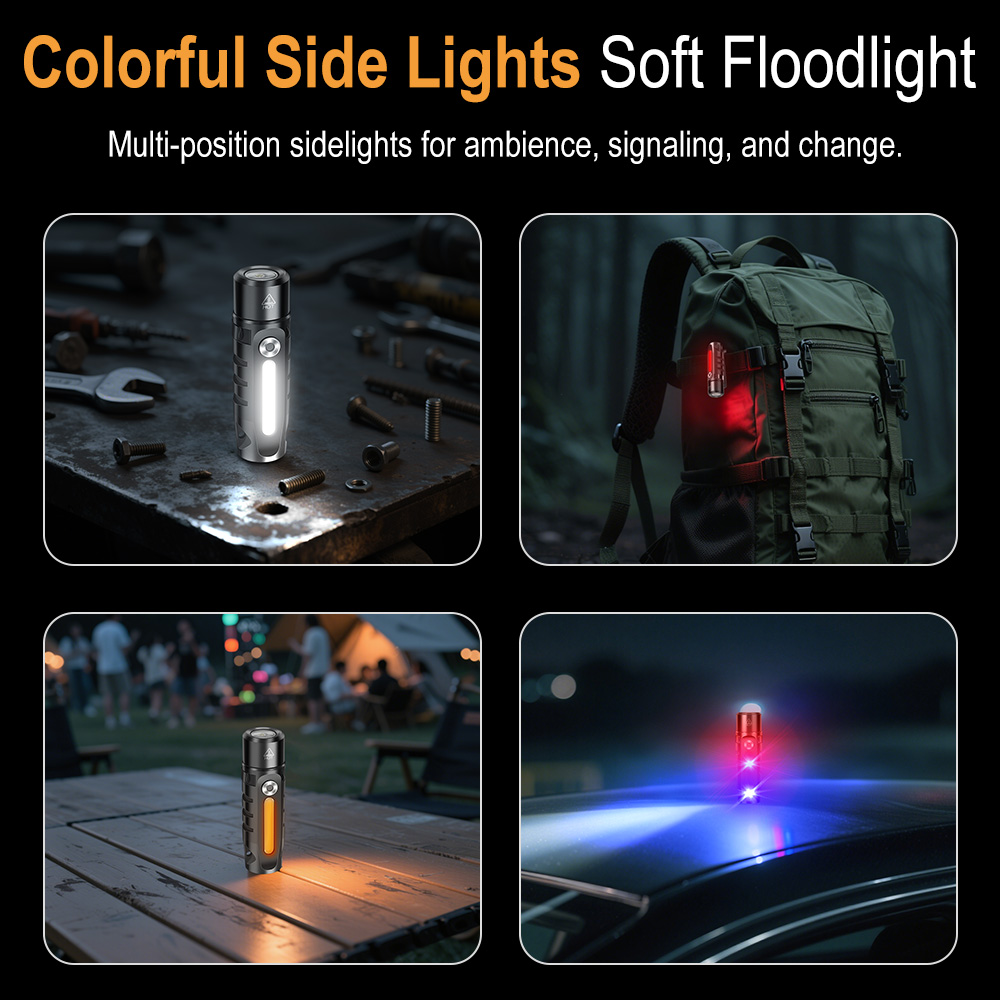 RJ28 Mini LED Flashlight with Multicolor Side Light, 410LM Brightness IP66 Waterproof