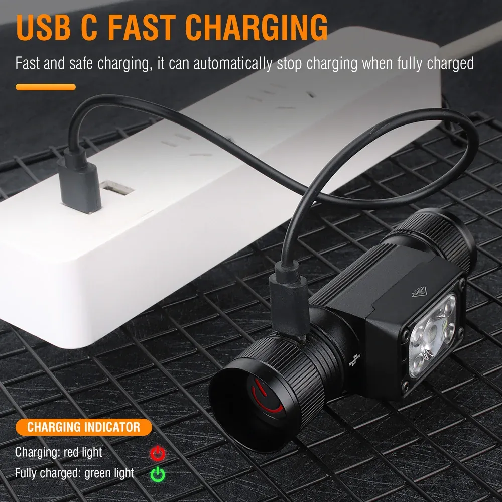 BORUiT HP350 LED Headlamp Type-C Rechargesble 18650 Headlight Waterproof Emergency Lantern Camping Fishing Powerful Head Torch