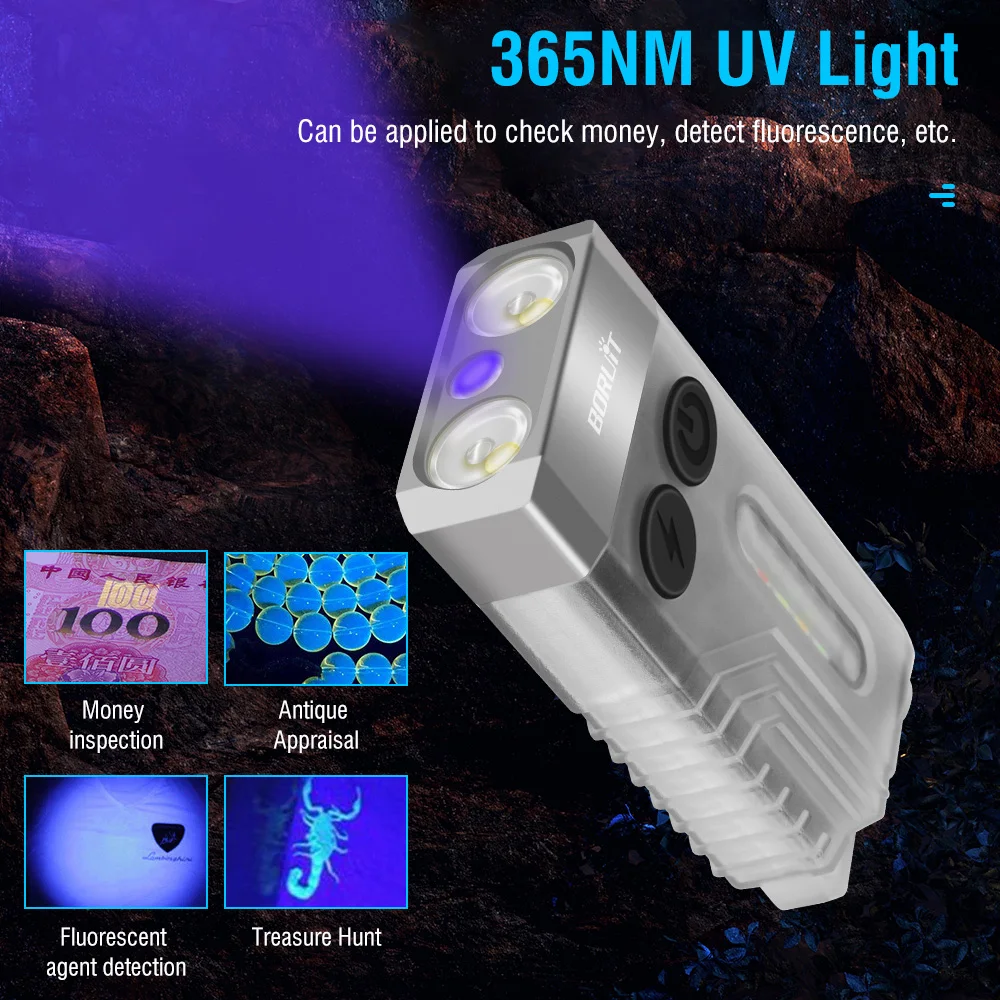 BORUiT V10 LED Keychain EDC Flashlight with Magnet 80DB Buzzer 365nm UV Pocket Lantern