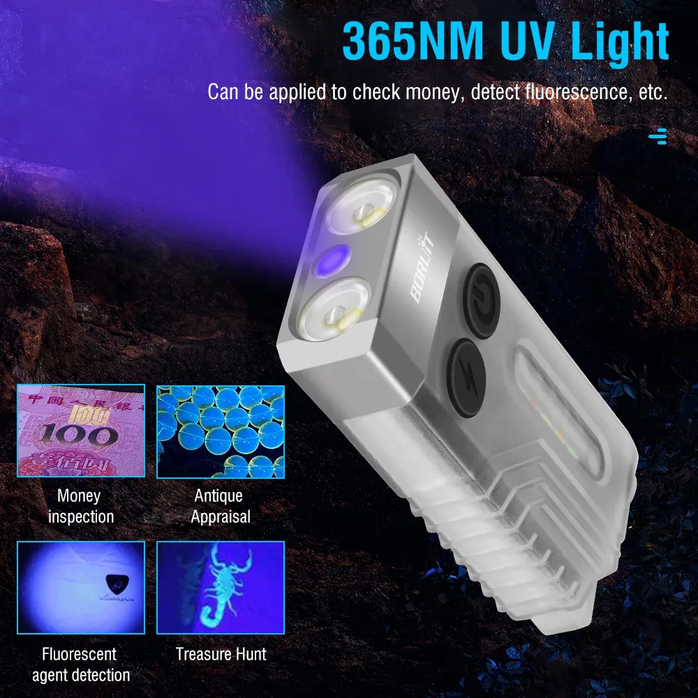 BORUiT V10 LED Keychain EDC Flashlight with Magnet 80DB Buzzer 365nm UV Pocket Lantern