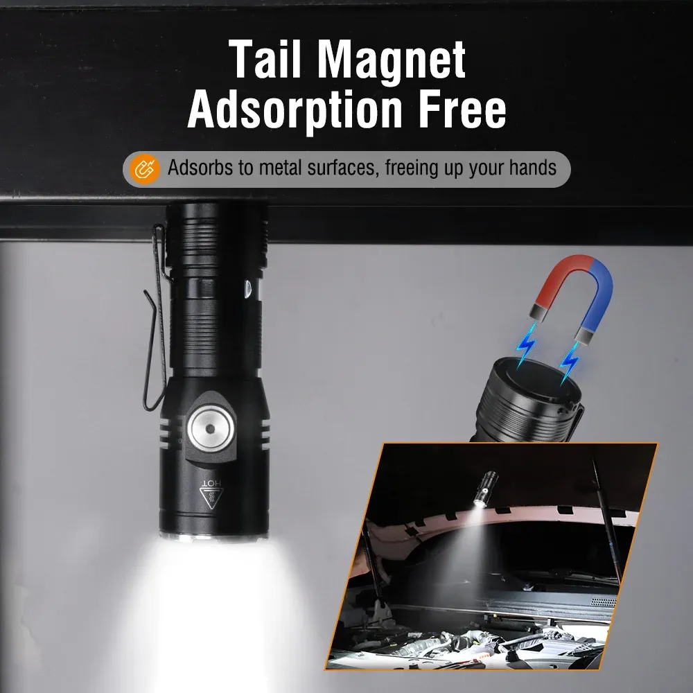 BORUiT Super Bright LED EDC Flashlight 2050LM Type-c Rechargeable Torch Tail Magnet