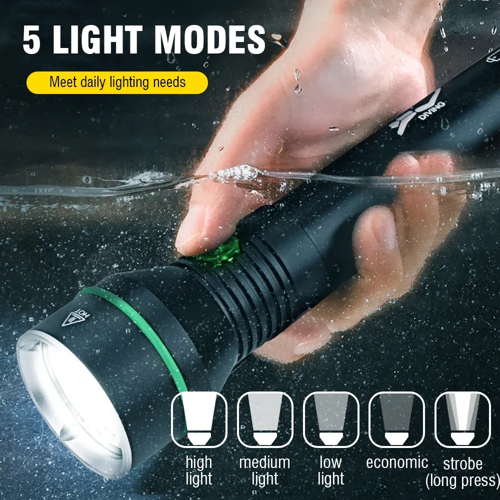 BORUiT Super Bright 2000LM P70 LED Scuba Diving Flashlight Underwater 100M IPX8 Waterproof Torch