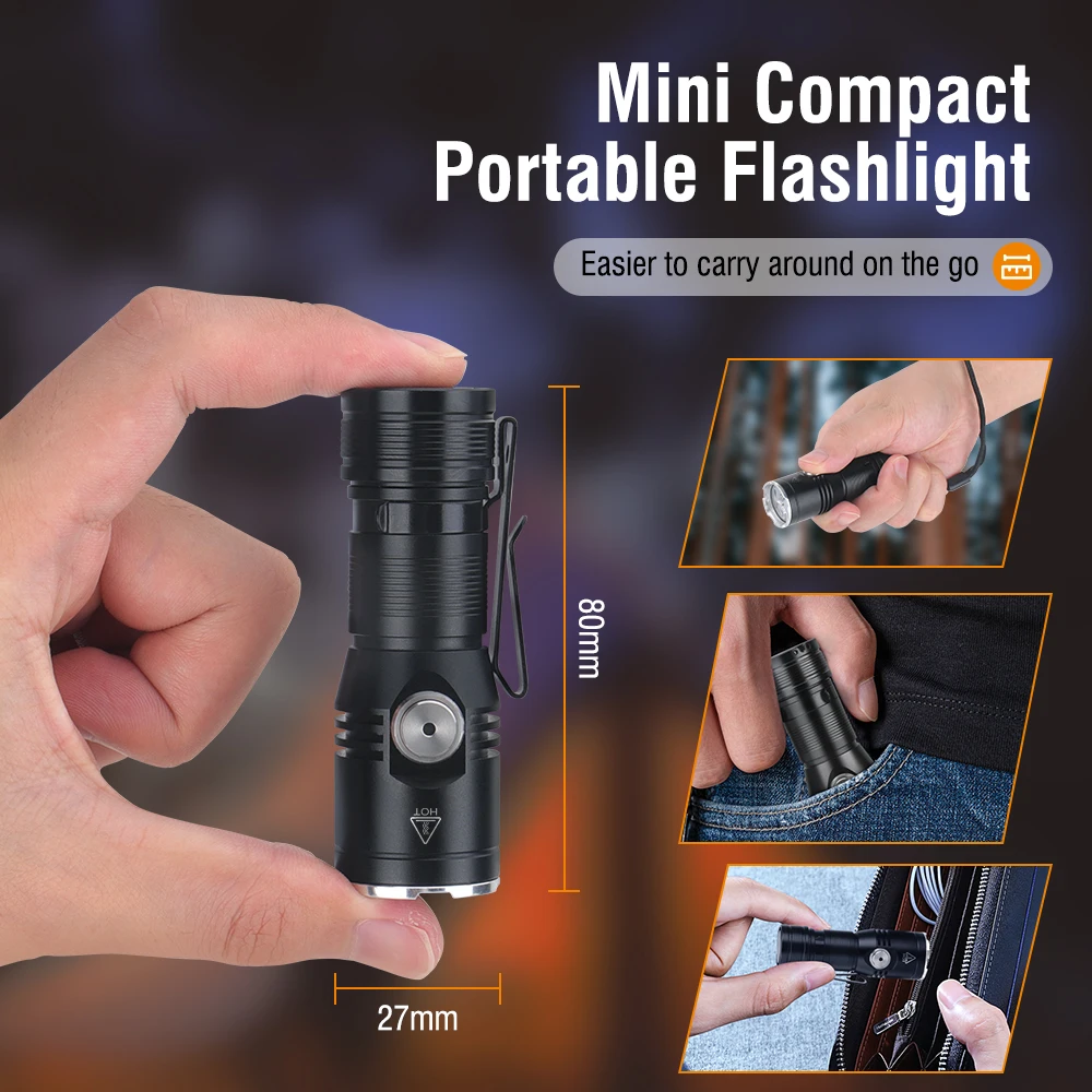BORUiT Super Bright LED EDC Flashlight 2050LM Type-c Rechargeable Torch Tail Magnet